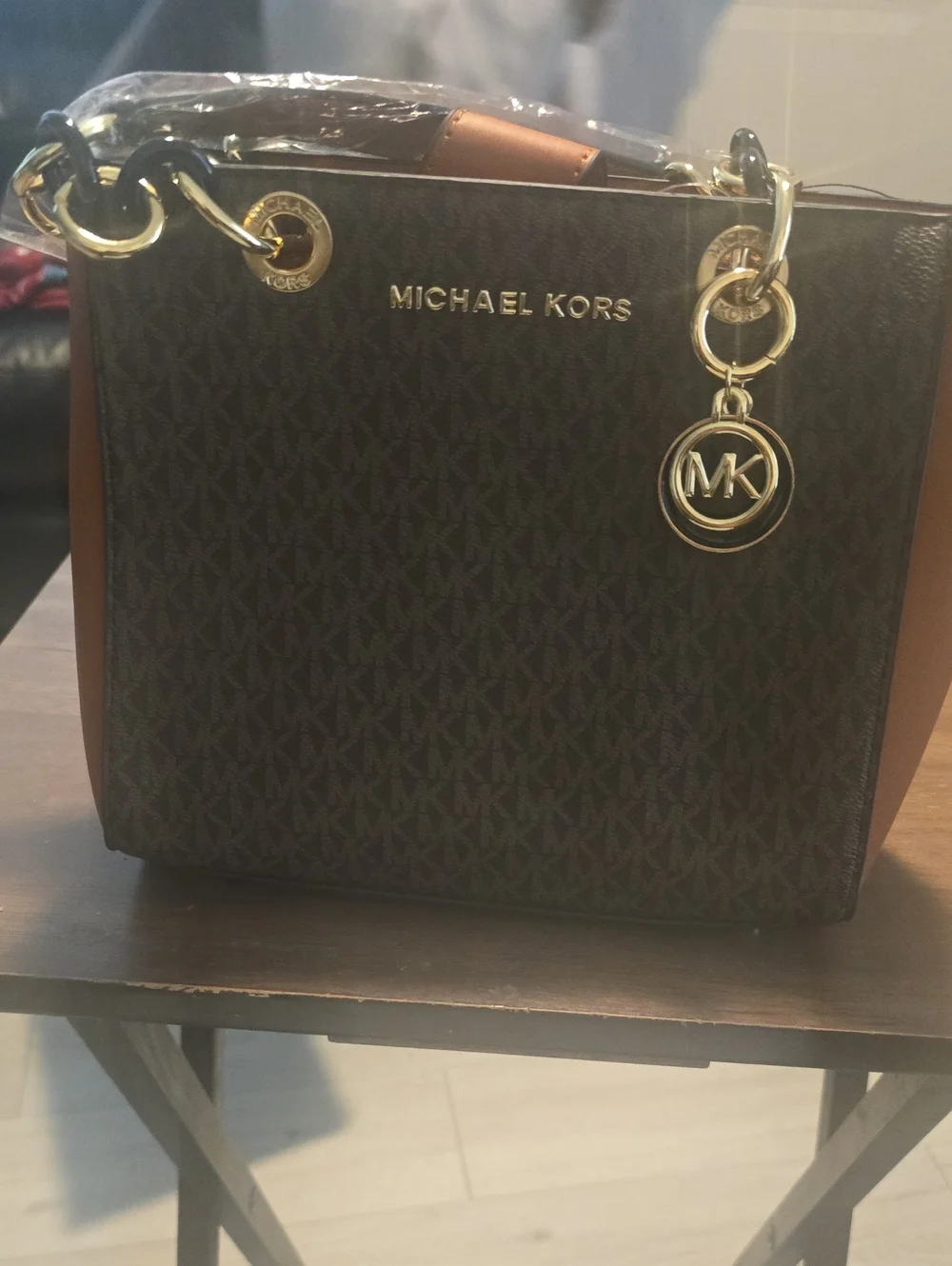 Michael Kors Dark Brown MK Logo Tote with Tan Sides and Gold Accents
